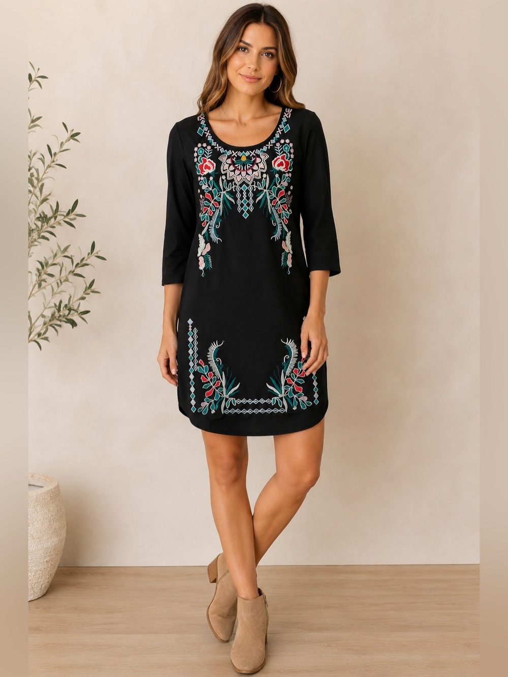 MISSLOOK Black Floral Embroidered Boho Shift Dress M Cottagecore Festival Boho